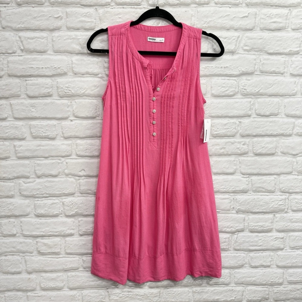 Sonoma S Linen Blend Sleeveless Knee Length Dress Pink Pleated Summer Sun Dress - Picture 3 of 15